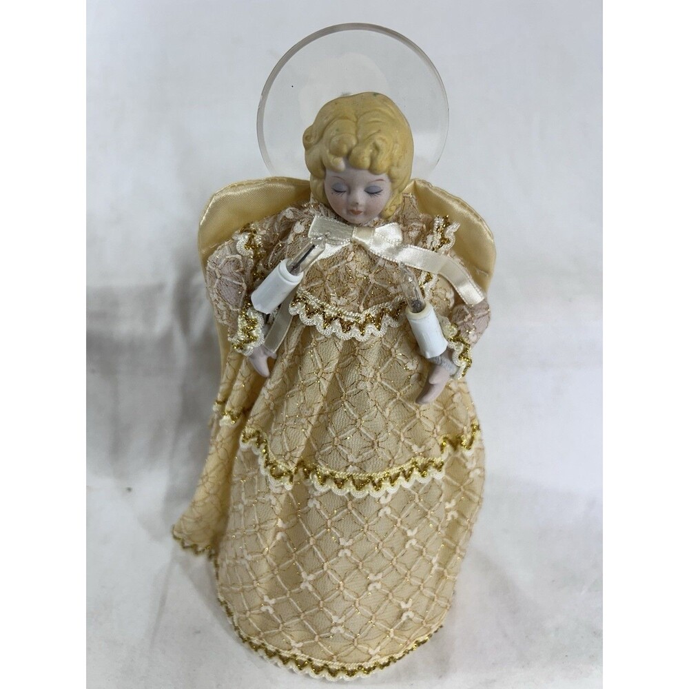 Christmas Tree Topper Angel Golden W/Halo Porcelain  Head Lights Not Working